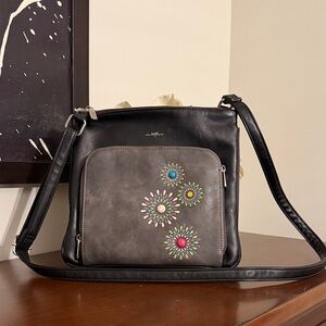 Black and Gray Crossbody Bag with Floral Design